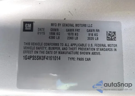 2015 Buick Verano Leather Group z USA, uszkodzony, nr VIN 1G4PS5SK0F4161014